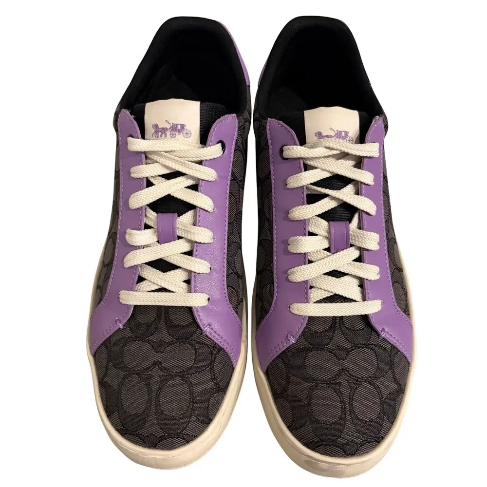Coach Clip Sneakers Mens 10D Purple Black Jacquard Leather Monogram Low Top